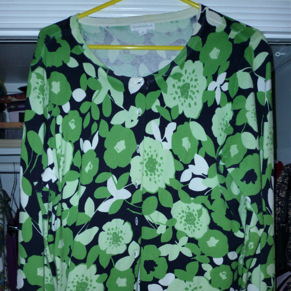 Charter Club XL button down top green black white